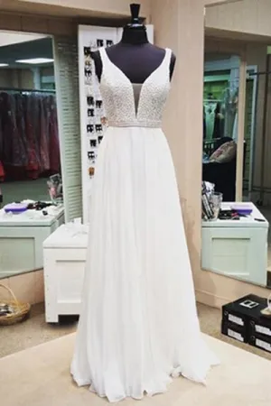 A-line V-neck Sleeveless Floor Length White Prom Dress with Beading Pearls LPD031