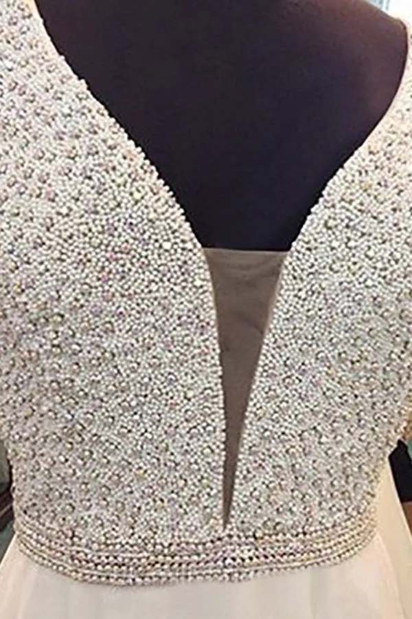 A-line V-neck Sleeveless Floor Length White Prom Dress with Beading Pearls LPD031