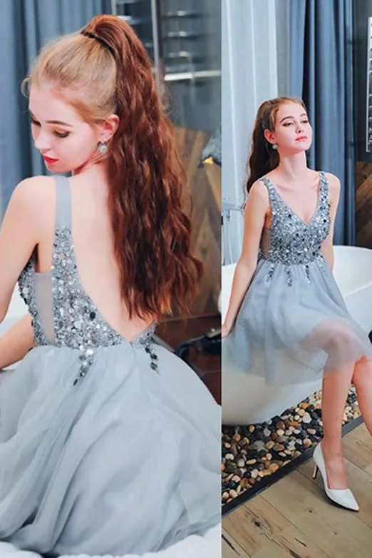 A Line V Neck Sleeveless Short Homecoming Dresses with Beading OHM025