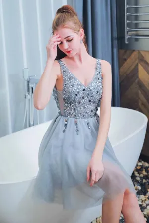 A Line V Neck Sleeveless Short Homecoming Dresses with Beading OHM025