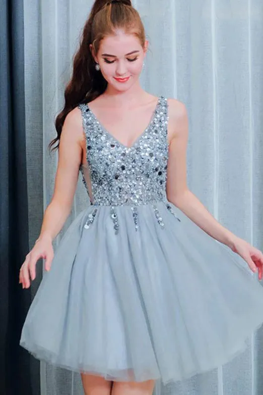 A Line V Neck Sleeveless Short Homecoming Dresses with Beading OHM025