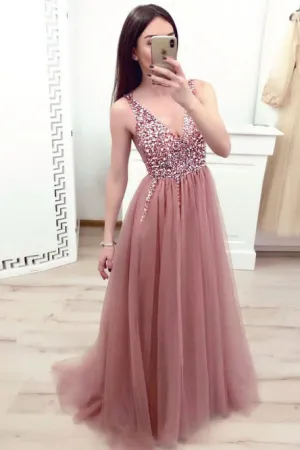 A-Line V-Neck Sweep Train Pink Tulle Prom Dress with Beading OHC036