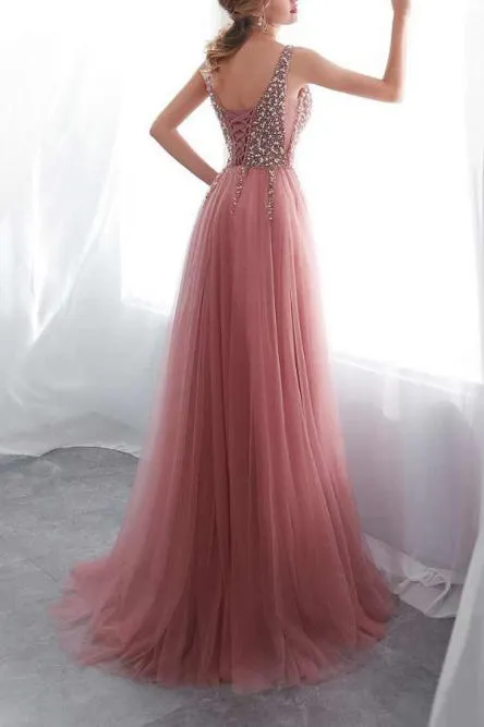 A-Line V-Neck Sweep Train Pink Tulle Prom Dress with Beading OHC036