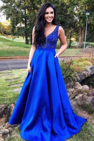 A-Line V-Neck Sweep Train Royal Blue Prom Dress with Beading Pockets L043