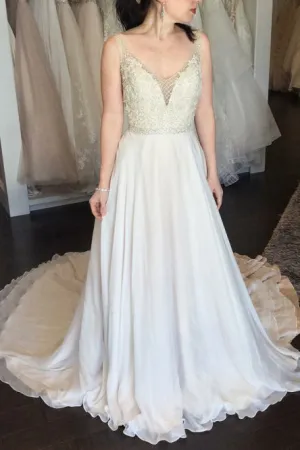 A-Line V-Neck Sweep Train White Chiffon Wedding Dress with Beading OHD008
