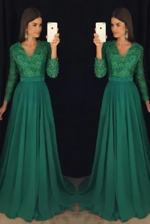 A-Line/Princess V Neck Floor-Length Long Sleeves Beading Long Chiffon Prom Dresses OHC270