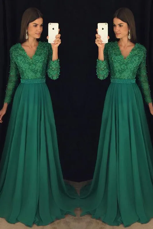 A-Line/Princess V Neck Floor-Length Long Sleeves Beading Long Chiffon Prom Dresses OHC270