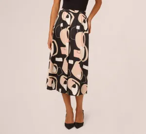 Abstract Print A Line Satin Midi Skirt In Black Modern Art