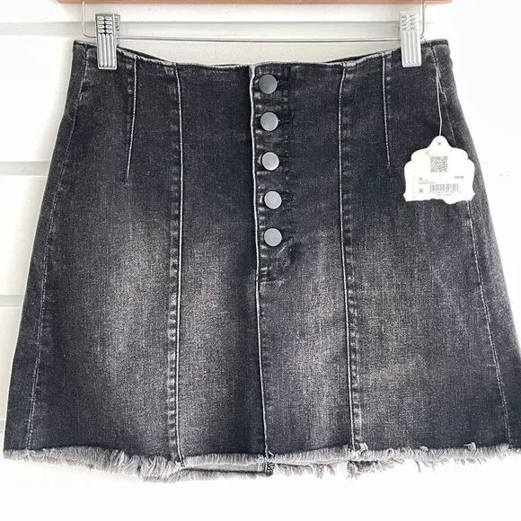 Altar'd State Women's Washed Black Frayed Hem Button Fly Denim Skirt Medium NWT