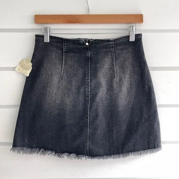 Altar'd State Women's Washed Black Frayed Hem Button Fly Denim Skirt Medium NWT