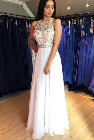 Amazing Colorful A-Line Floor Length Sleeveless Beaded Long Chiffon Prom Evening Dress OHC299