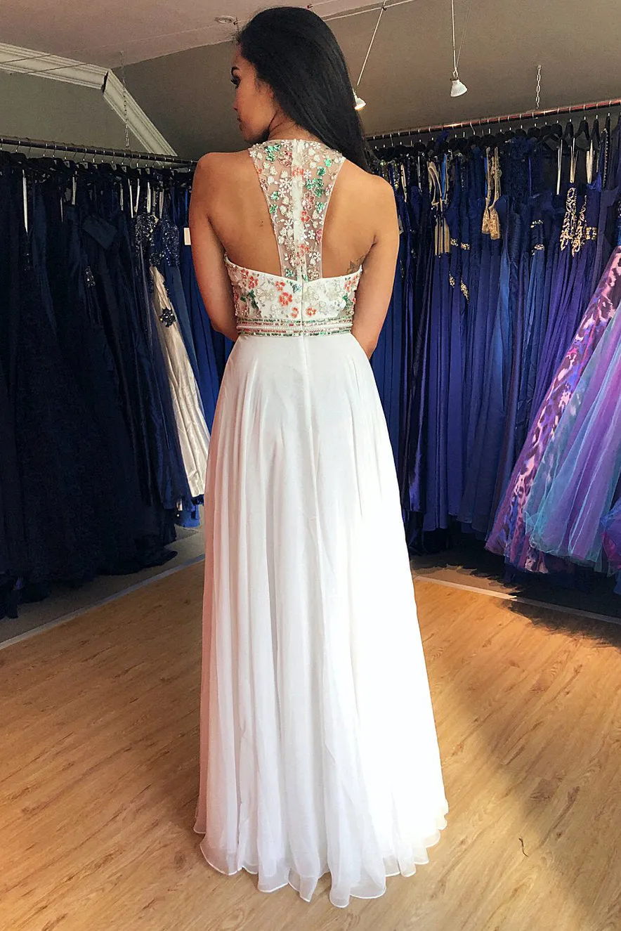 Amazing Colorful A-Line Floor Length Sleeveless Beaded Long Chiffon Prom Evening Dress OHC299