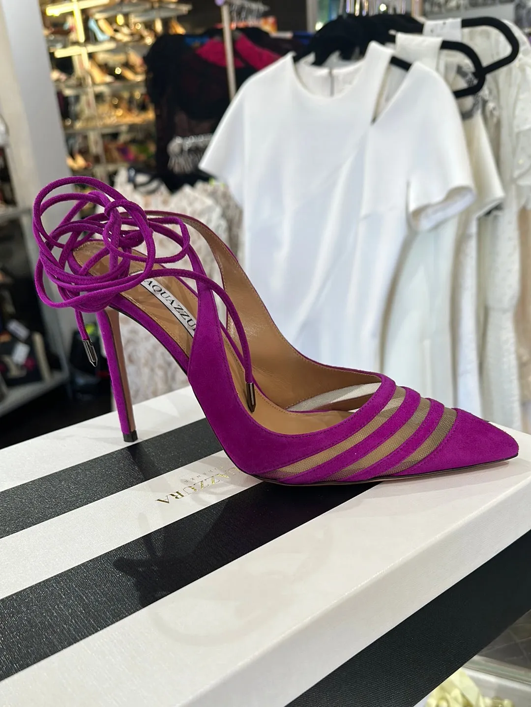 Aquazzura Exotic Orchid Mesh/Suede Pointed Toe Ankle Strap Heel