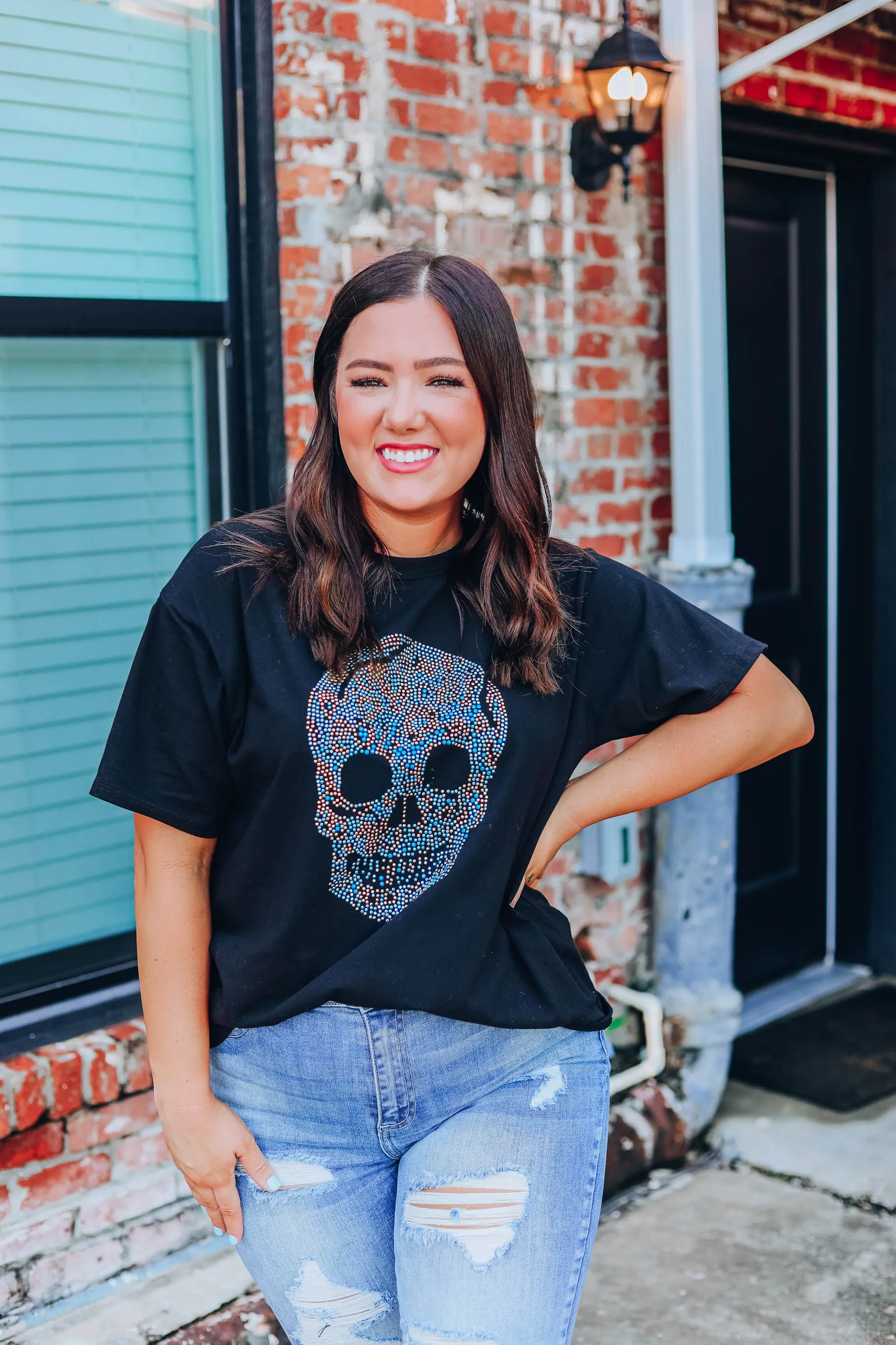 Artsy Studded Skull Tee - Black