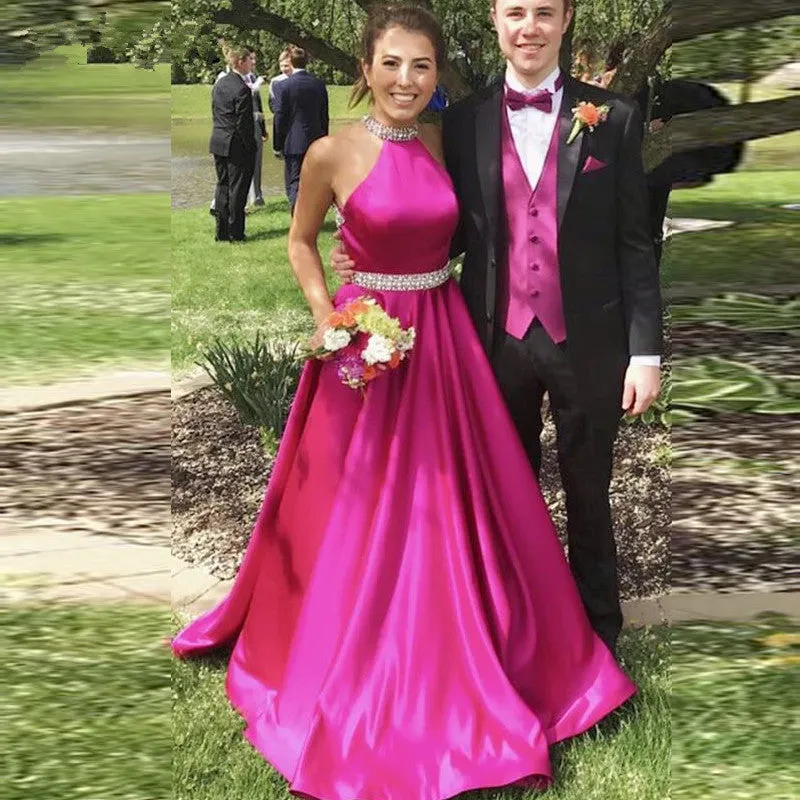 Backless Sleeveless Beaded Long  Blush Prom Dresses Halter Neck Satin Pink Evening Dress