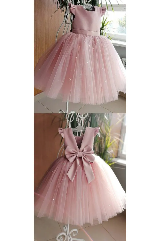 Backless Tulle Beading Cap Sleeve With Bowknot Flower Girl Dresses OHR031