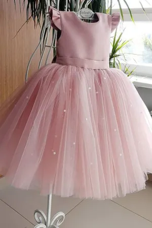 Backless Tulle Beading Cap Sleeve With Bowknot Flower Girl Dresses OHR031