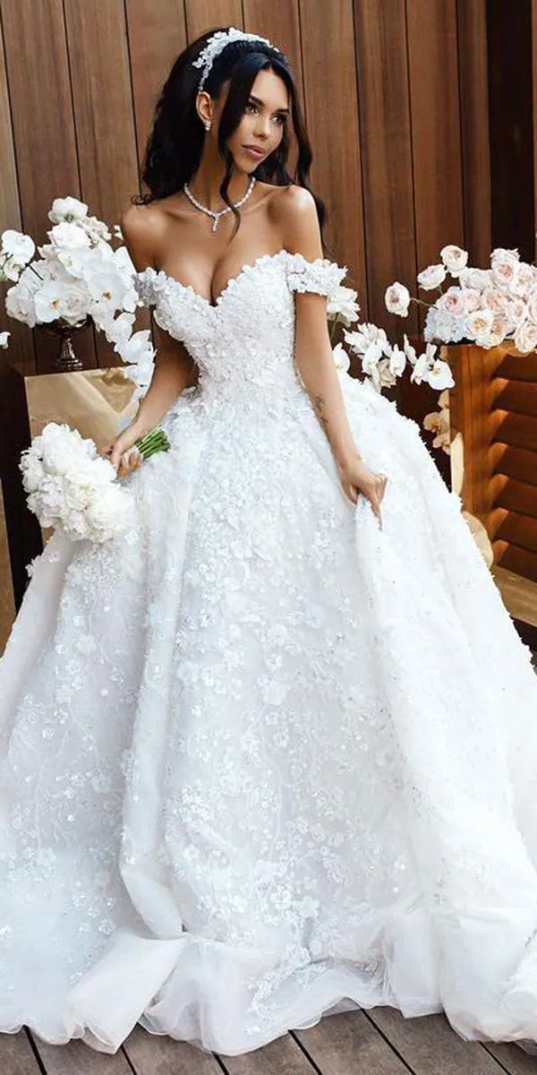 Ball Gown Cap Sleeve V-Neck Luxury Wedding Dress Appliques Beaded Birdal Gown CA049