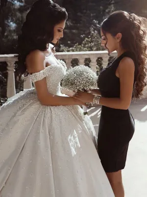 Ball Gown Cap Sleeve V-Neck Luxury Wedding Dress Appliques Beaded Birdal Gown CA049