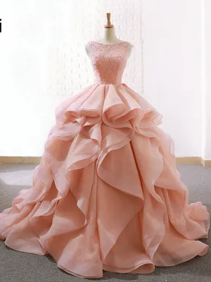 Ball Gown Ruffle Skirt Prom Dress Stunning Beaded Blush Open Back Prom Evening Dress SM7715