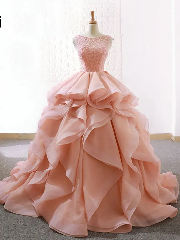 Ball Gown Ruffle Skirt Prom Dress Stunning Beaded Blush Open Back Prom Evening Dress SM7715