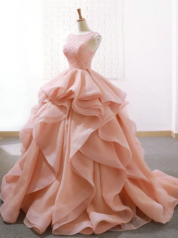 Ball Gown Ruffle Skirt Prom Dress Stunning Beaded Blush Open Back Prom Evening Dress SM7715