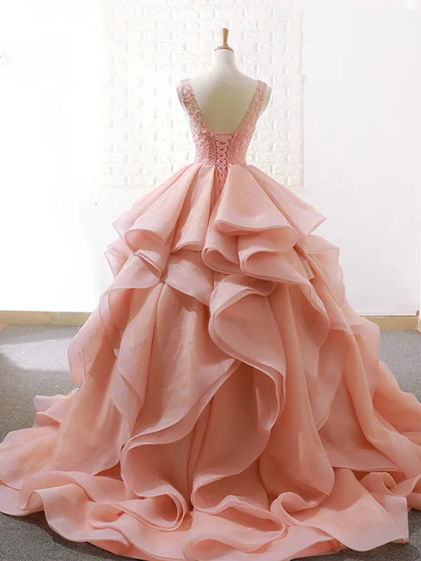 Ball Gown Ruffle Skirt Prom Dress Stunning Beaded Blush Open Back Prom Evening Dress SM7715