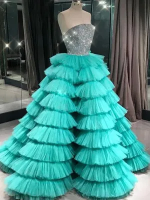 Ball Gown Sexy Strapless Blue Modest Tulle Ruffly Long Prom Dress Beaded Prom Evening Gown CTB1615