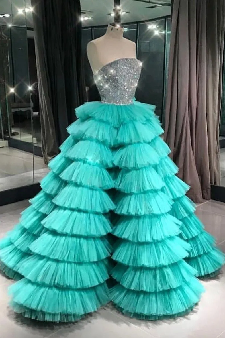 Ball Gown Sexy Strapless Blue Modest Tulle Ruffly Long Prom Dress Beaded Prom Evening Gown CTB1615