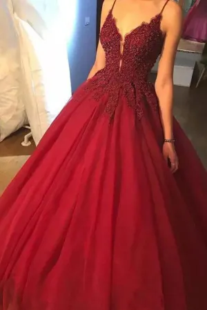 Ball Gown Spaghetti Straps Floor Length Sleeveless Beading Long Burgundy Tulle Prom Dress OHC222