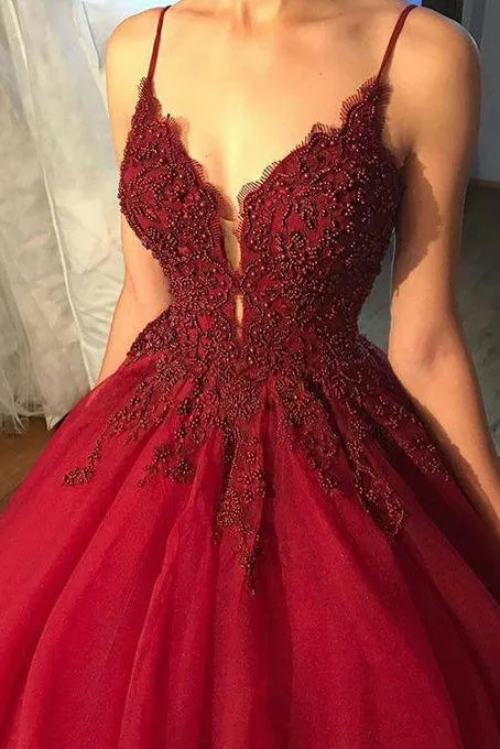 Ball Gown Spaghetti Straps Floor Length Sleeveless Beading Long Burgundy Tulle Prom Dress OHC222