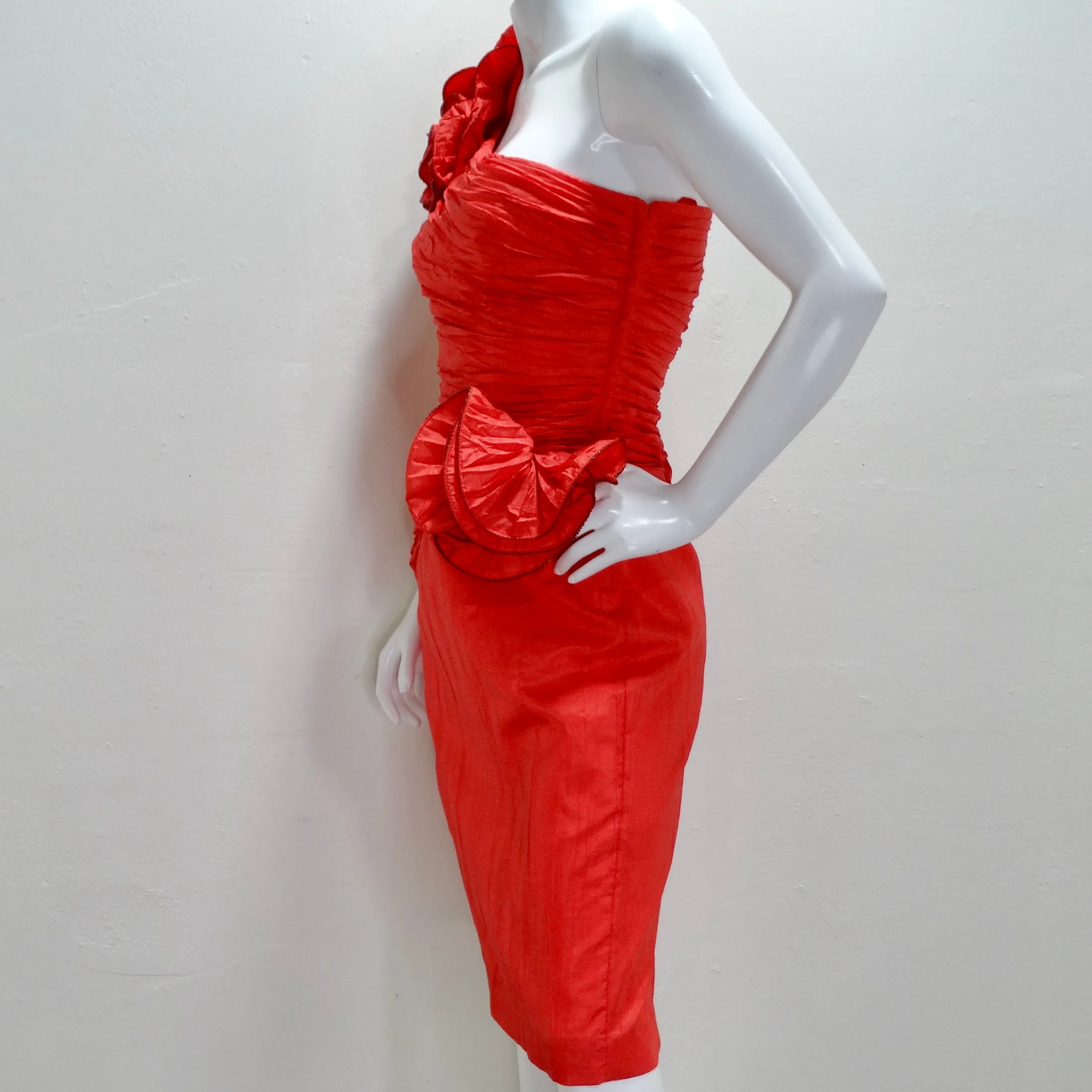 BB Collections 1980s Red Asymmetric Rose Motif Dress