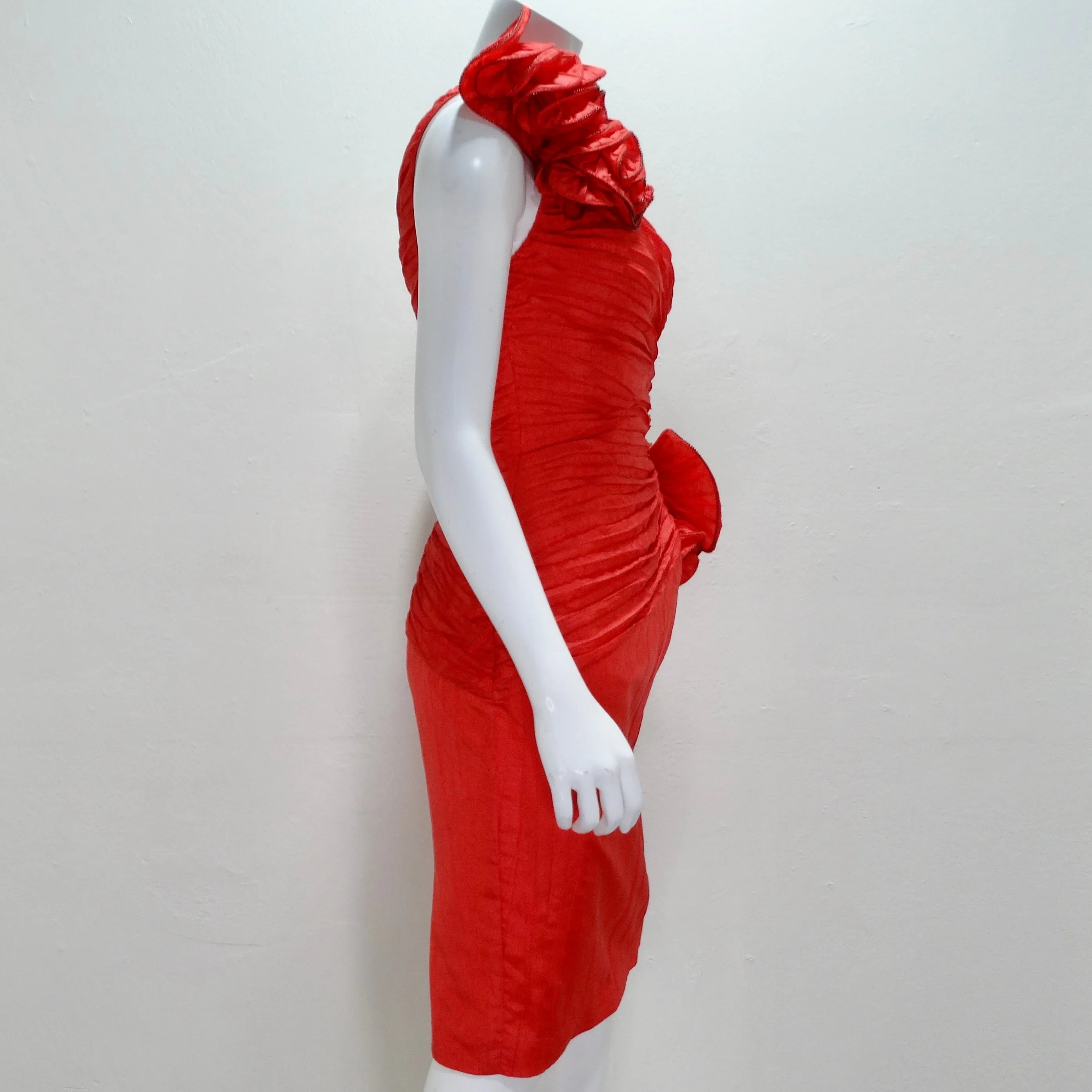 BB Collections 1980s Red Asymmetric Rose Motif Dress
