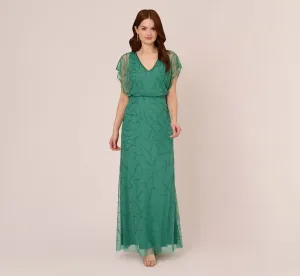 Beaded Blouson Mermaid Gown With Sheer Dolman Sleeves In Jungle Green