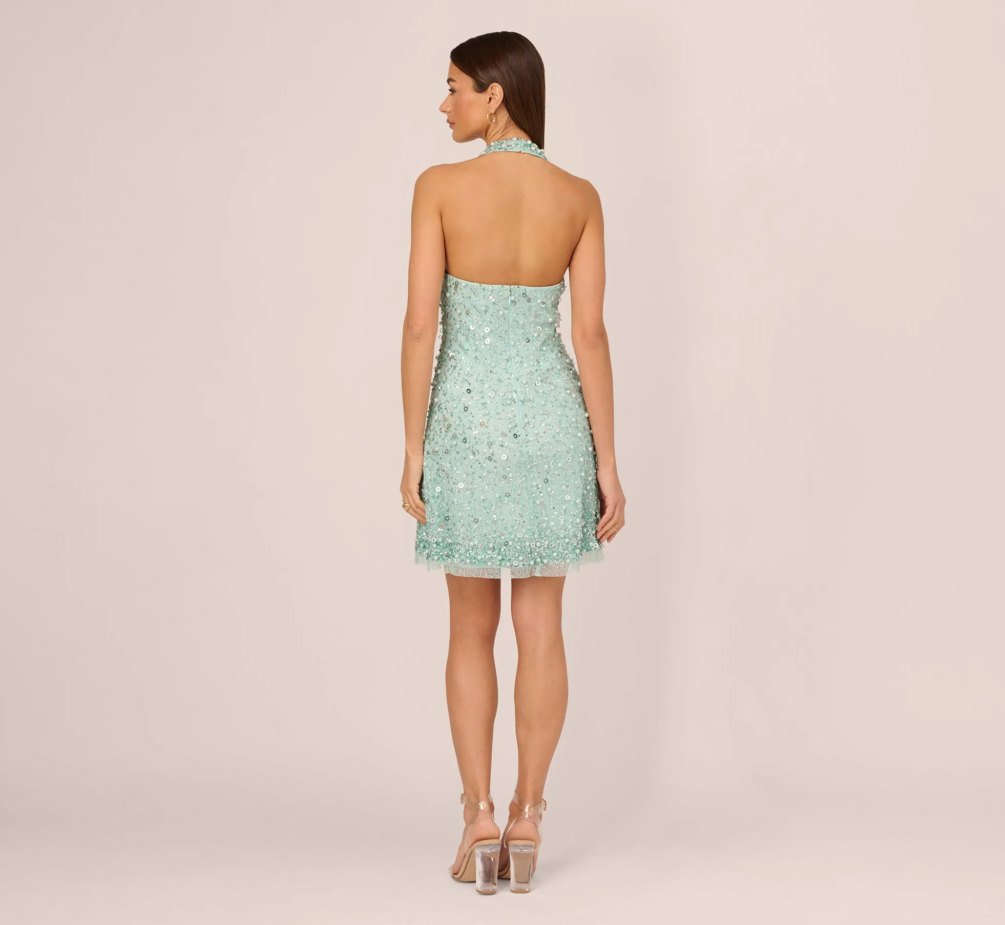 Beaded Halter Swing Dress With Mock Neck In Fresh Mint