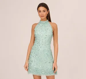 Beaded Halter Swing Dress With Mock Neck In Fresh Mint