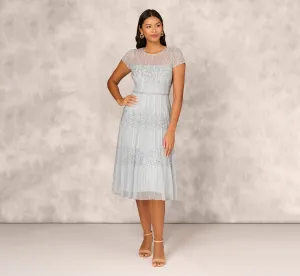 Beaded Short Sleeve Midi Dress With Sheer Details In Snow Globe
