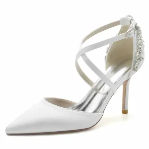 Beaded Wedding Satin Heels Crossed Strap Pumps Party Heels