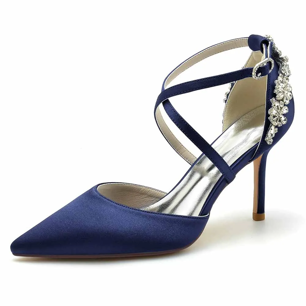 Beaded Wedding Satin Heels Crossed Strap Pumps Party Heels