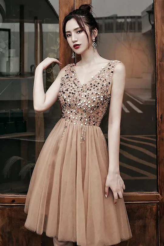 Beading V Neck Homecoming Dress Cheap A Line Short Prom Drsess OHM004