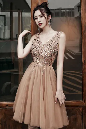 Beading V Neck Homecoming Dress Cheap A Line Short Prom Drsess OHM004