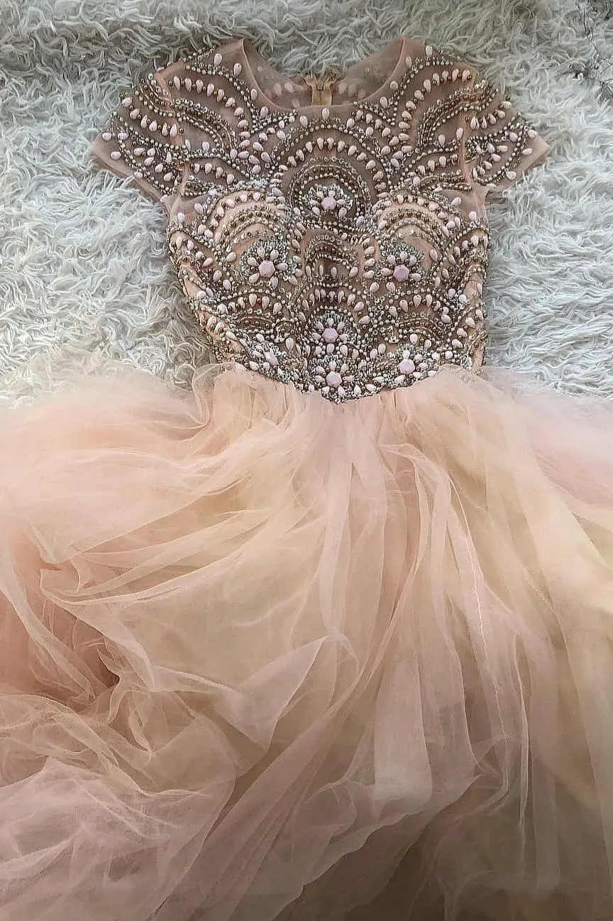 Beautiful A Line Scoop Neck Short Sleeves Beaded Long Tulle Prom Dresses OHC505