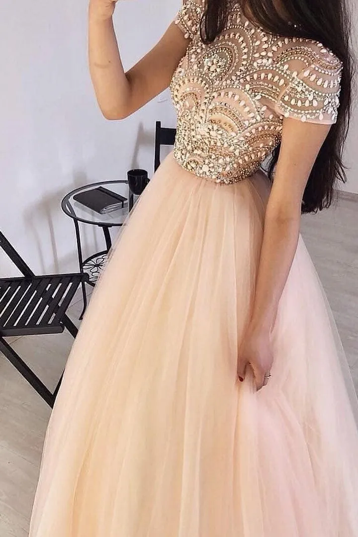 Beautiful A Line Scoop Neck Short Sleeves Beaded Long Tulle Prom Dresses OHC505