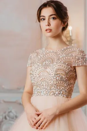 Beautiful A Line Scoop Neck Short Sleeves Beaded Long Tulle Prom Dresses OHC505