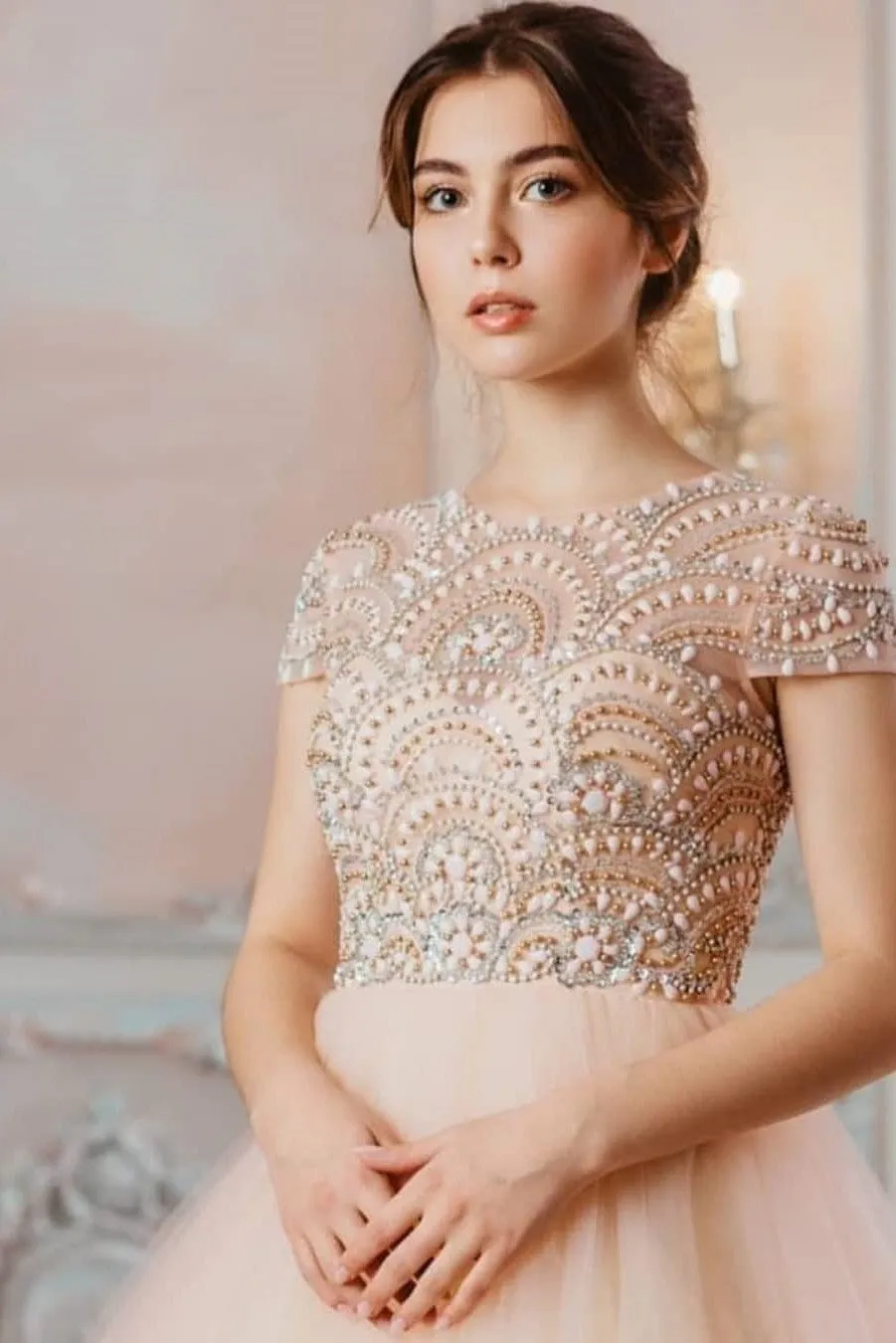Beautiful A Line Scoop Neck Short Sleeves Beaded Long Tulle Prom Dresses OHC505