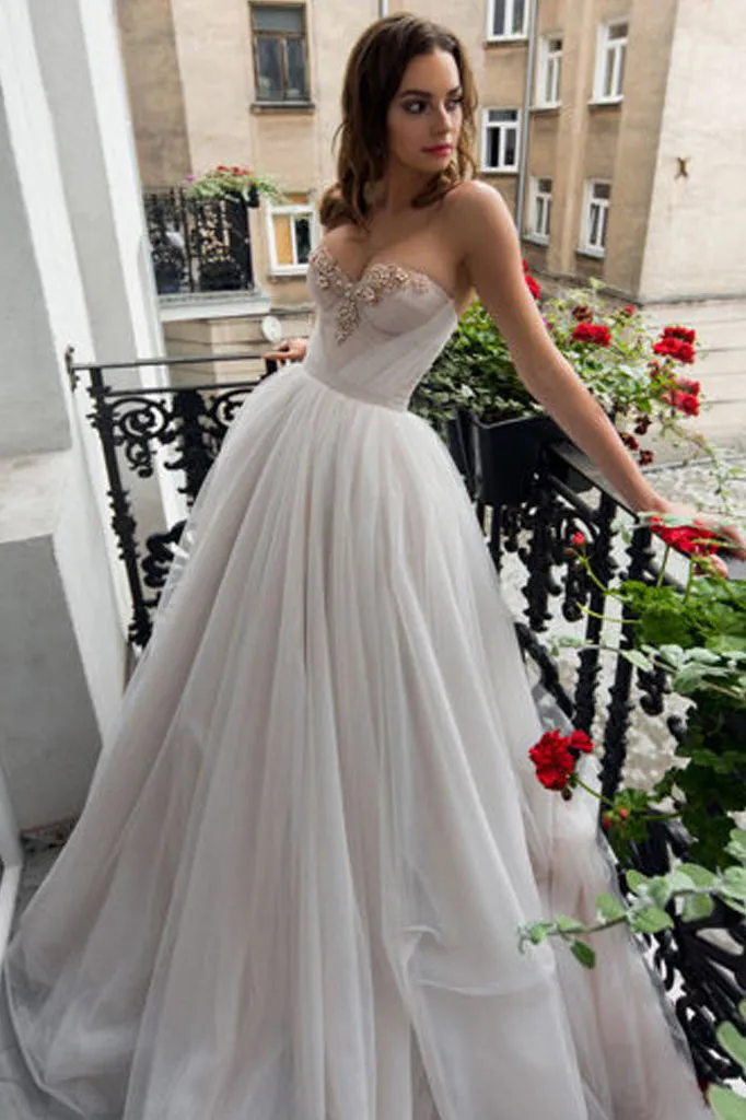 Beautiful A Line Sweetheart Sweep Train Sleeveless Long Tulle Beading Wedding Dress  OHD152