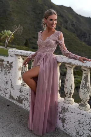 Beautiful A Line V Neck Beading Split Prom Dress Long Sleeves Evening Dresses OHC464