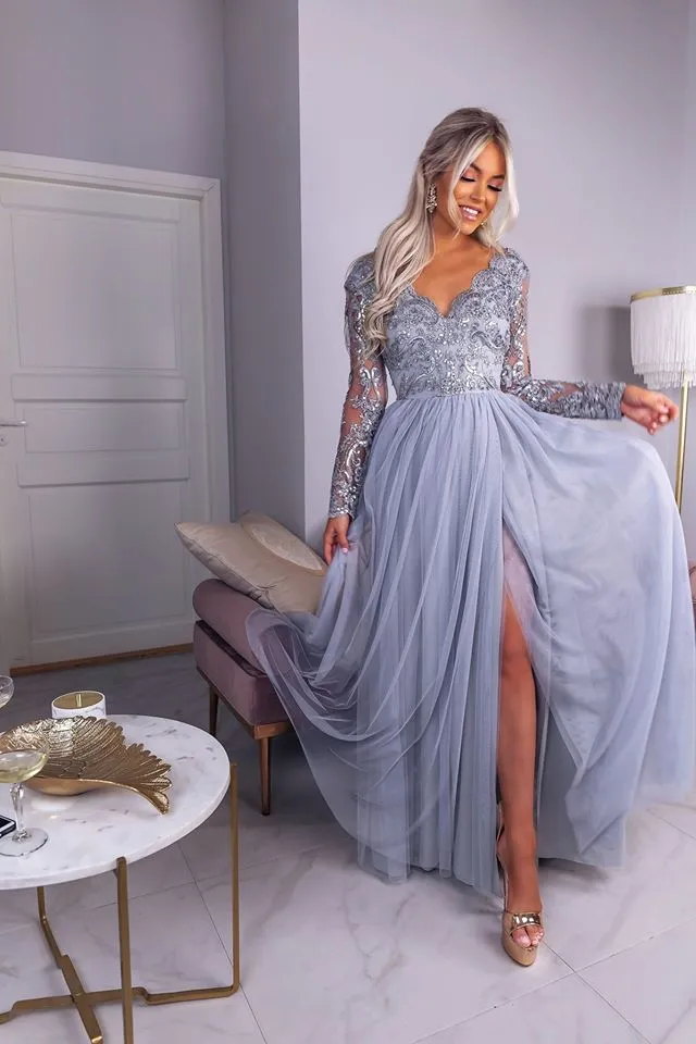 Beautiful A Line V Neck Beading Split Prom Dress Long Sleeves Evening Dresses OHC464
