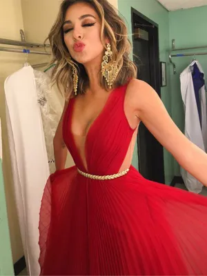 Beautiful A Line V-neck Floor-length Sleeveless Beading Long Red Chiffon Prom Dress Evening Dress  OHC289