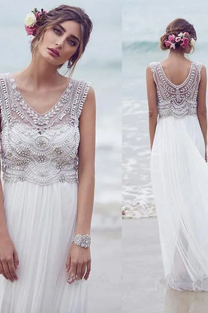 Beautiful A-line V-neck Sweep Train Sleeveless Tulle Bridal Gown Wedding Dresses with Beading OHD137